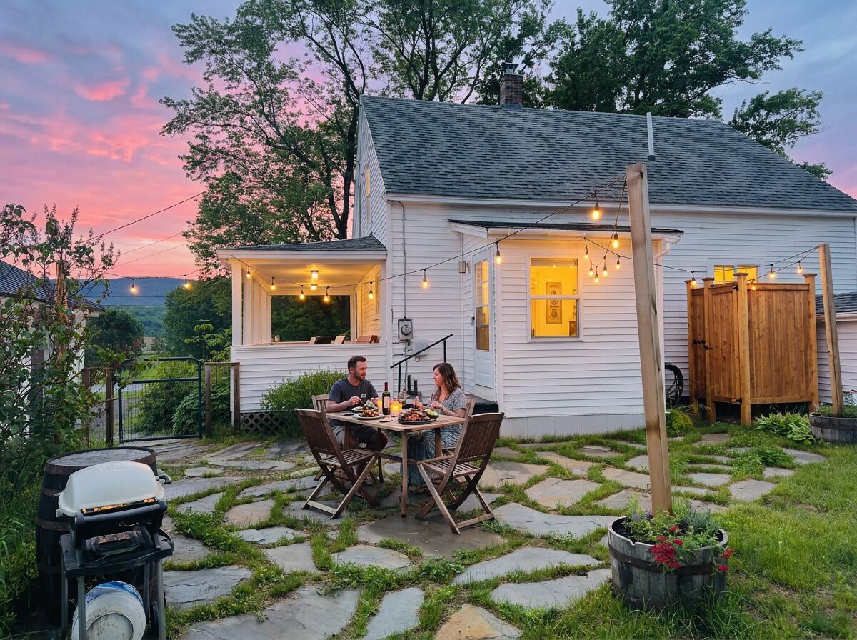 Une maison blanche avec un patio en pierre, une clôture en bois et des guirlandes lumineuses.