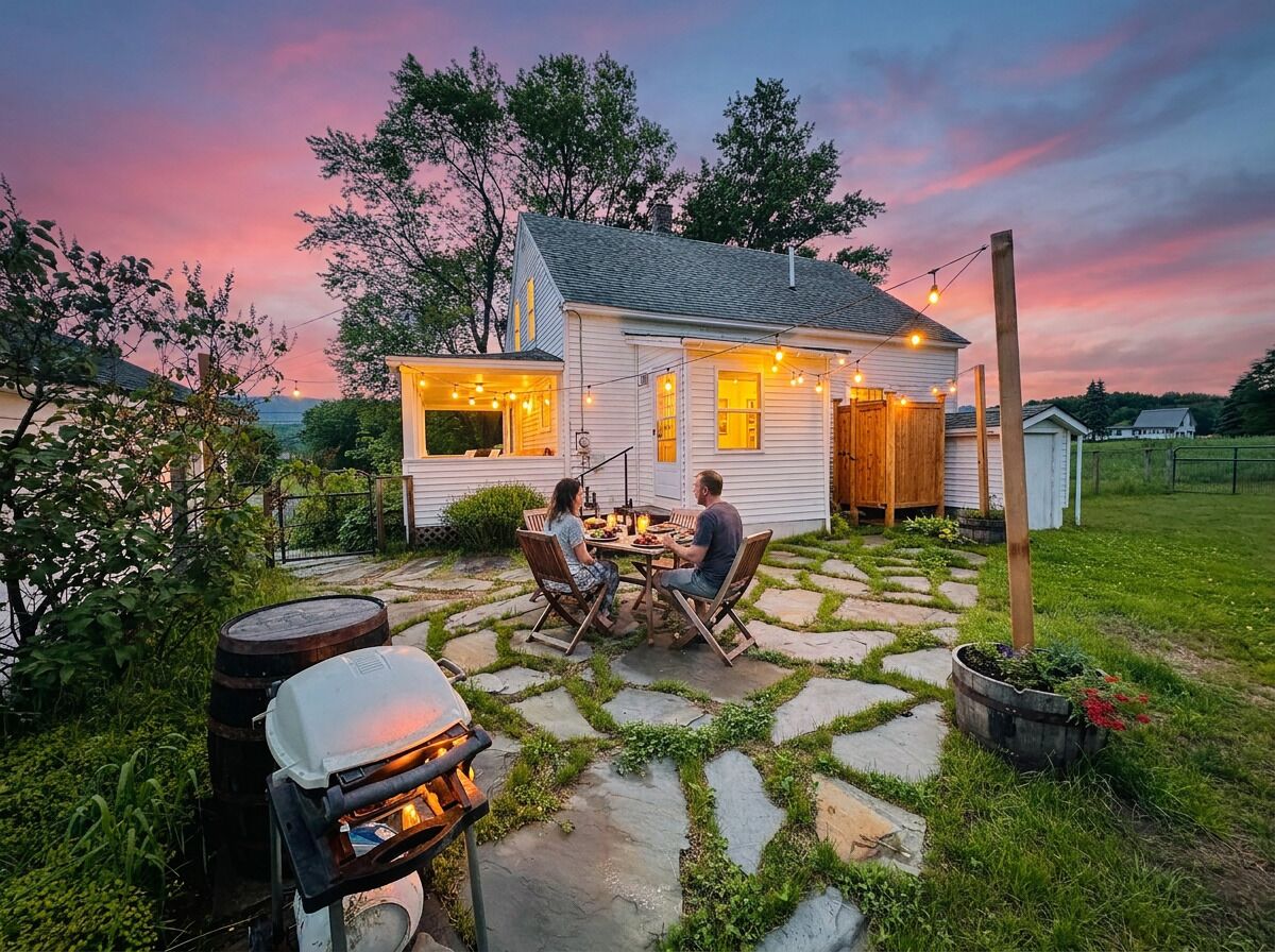 A house with a stone patio, a barbecue grill, and string lights.