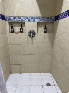 Ducha, secador de pelo, toallas y jabón