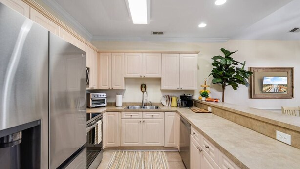 A modern kitchen with stainless steel appliances, light-colored cabinetry, and a large plant.