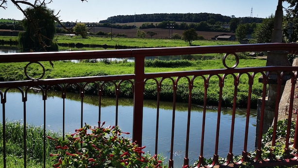 A garden with a pond, a metal fence, and a view of a hilly landscape. - L'appart D'angélique (Imling)