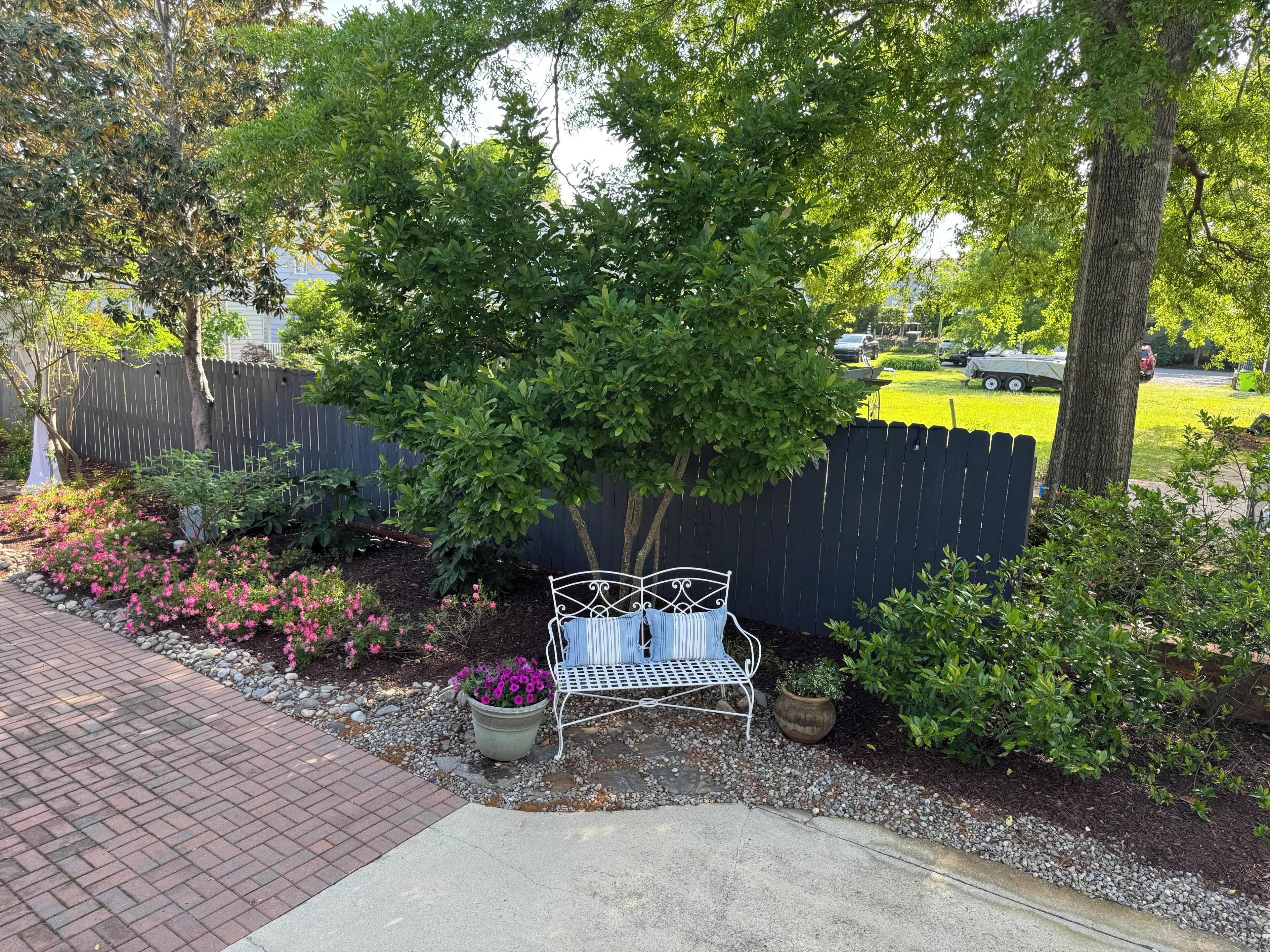 Un jardín con un banco, una valla y un árbol.