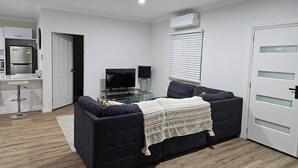 Un salon moderne avec un canapé de couleur foncée, un téléviseur à écran plat et un appareil de climatisation blanc fixé au mur.