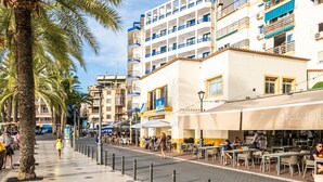 Une promenade en bord de mer bordée de palmiers, avec des terrasses de café et un bâtiment blanc aux balcons bleus.