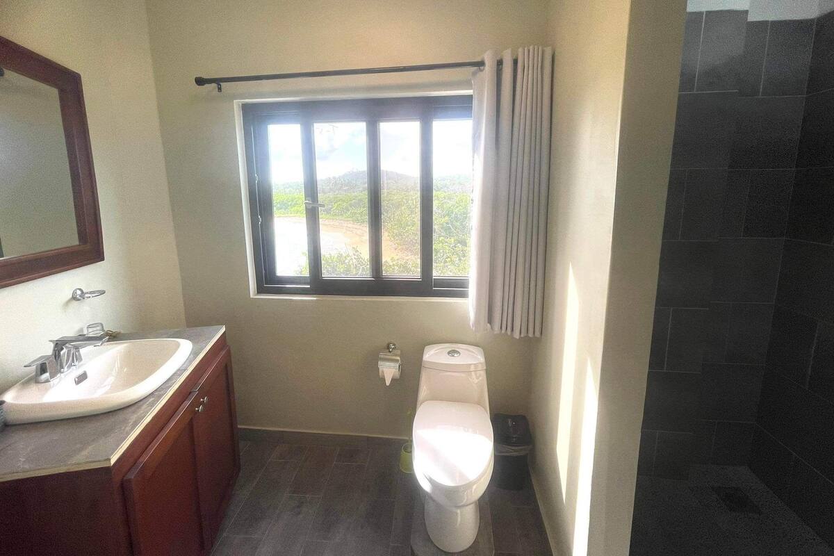 A bathroom with a sink, toilet, and a window with curtains.