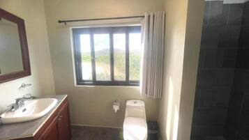 Un baño con lavabo, inodoro y ventana con cortinas.