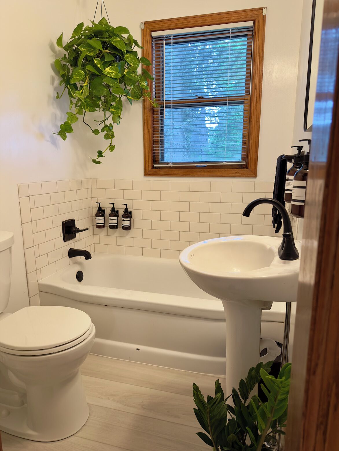 Une salle de bain avec une baignoire blanche, un lavabo blanc et des toilettes. Il y a une fenêtre avec des stores et une plante suspendue.