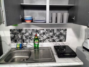 Réfrigérateur, micro-ondes, plaque de cuisson, cafetière/bouilloire