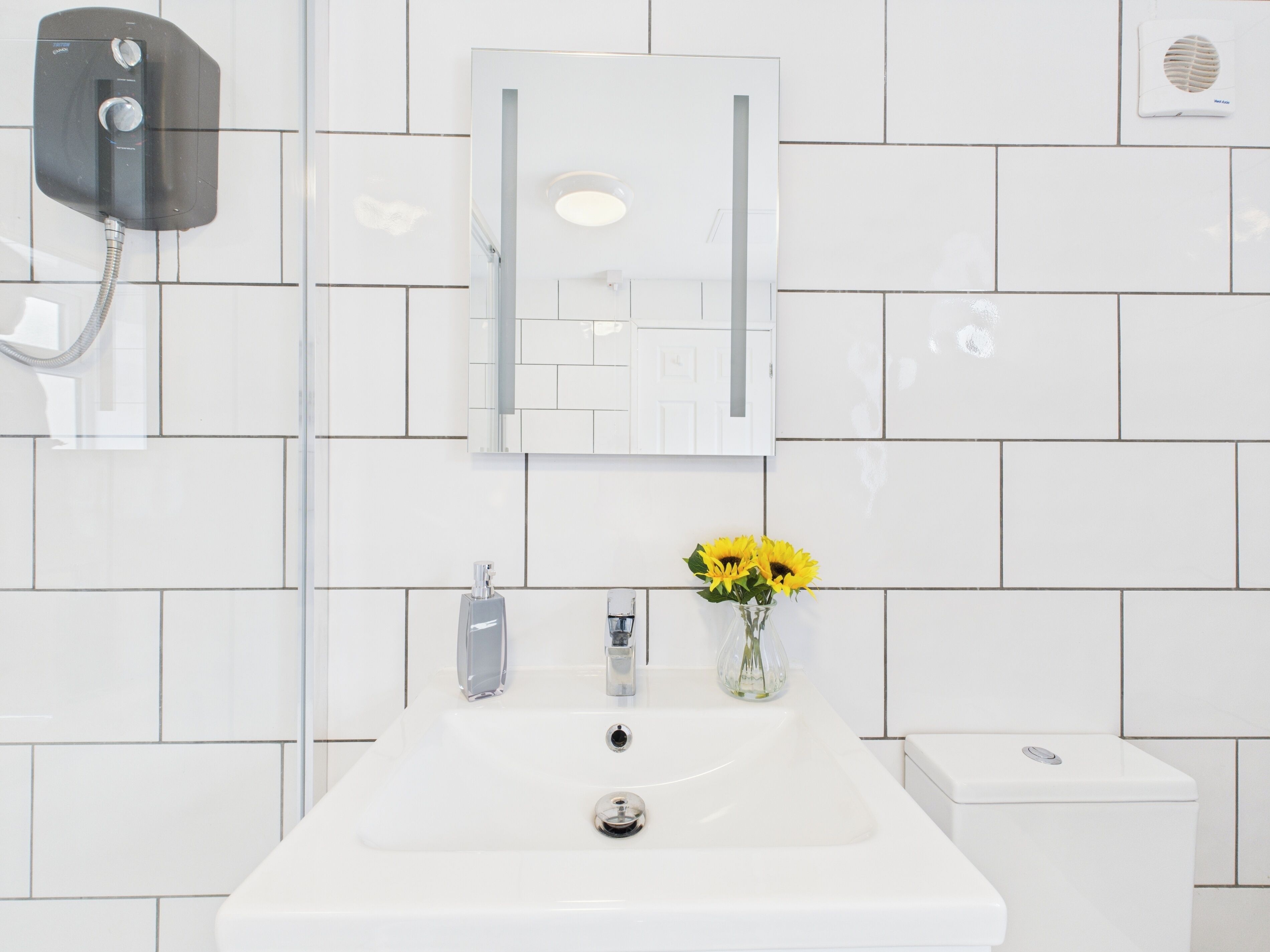 Un baño con un lavamanos blanco, un espejo y un cabezal de ducha.