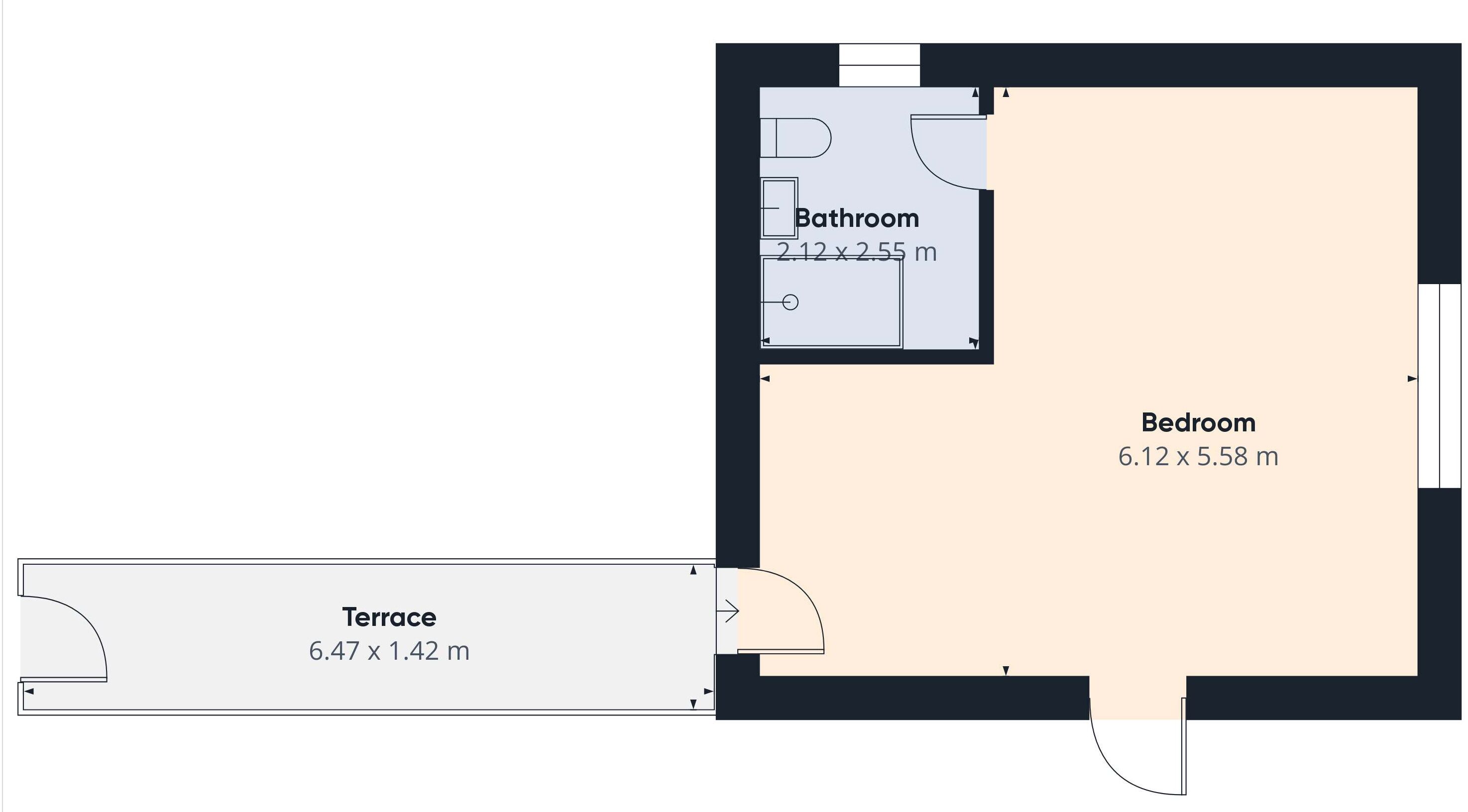 A floor plan with a bedroom measuring 6.12 x 5.58 m, a bathroom of 2.12 x 2.55 m, and a terrace of 6.47 x 1.42 m.