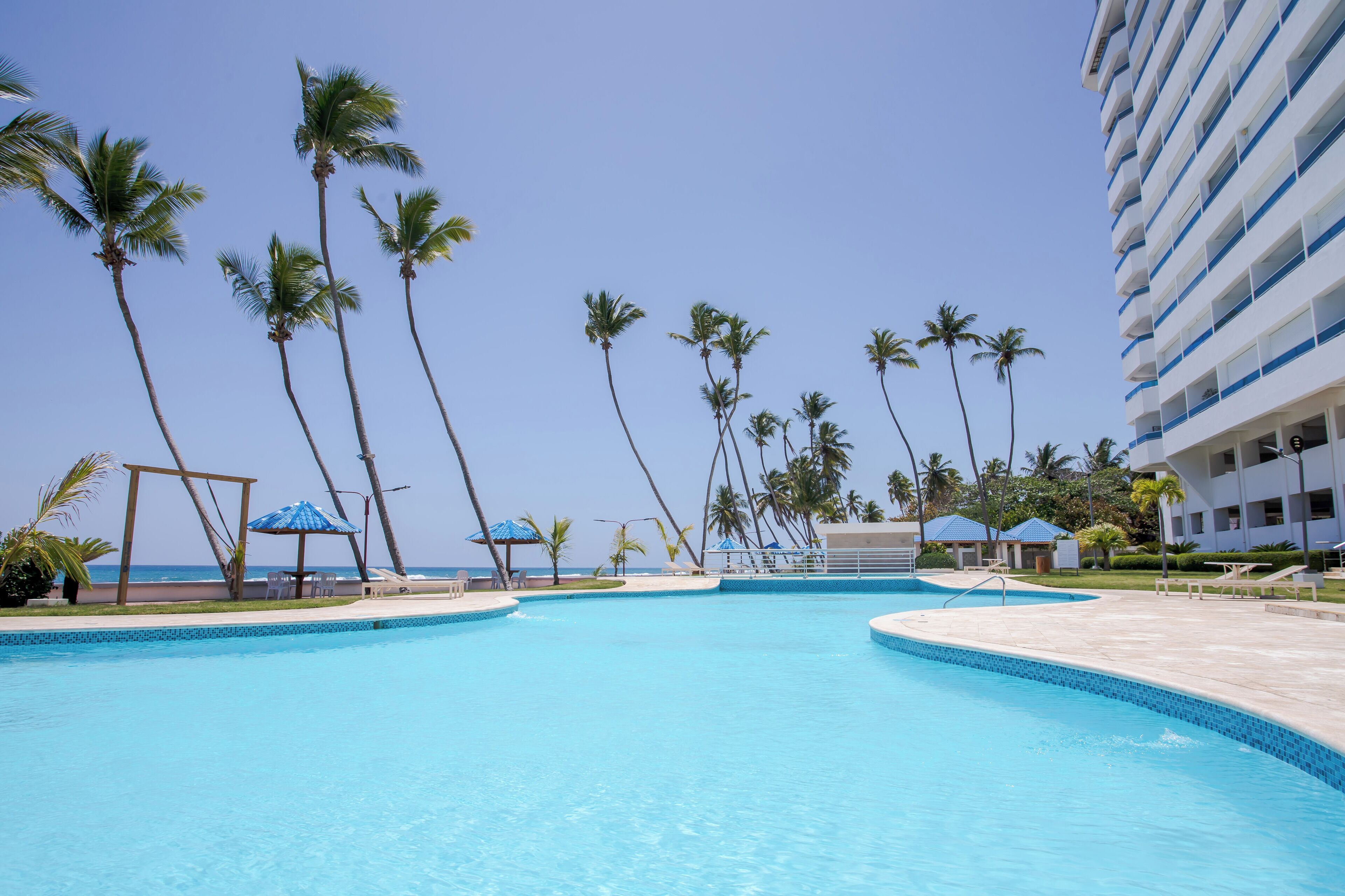 A pool area with palm trees and a view of the ocean.