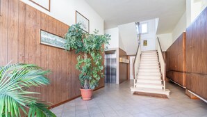 Un couloir avec un mur en bois, une plante en pot, un escalier et un ascenseur.