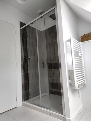 Shower, hair dryer, soap, toilet paper