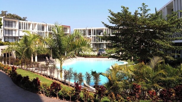 Un hôtel moderne doté d’une piscine, entouré d’une végétation luxuriante et de palmiers.