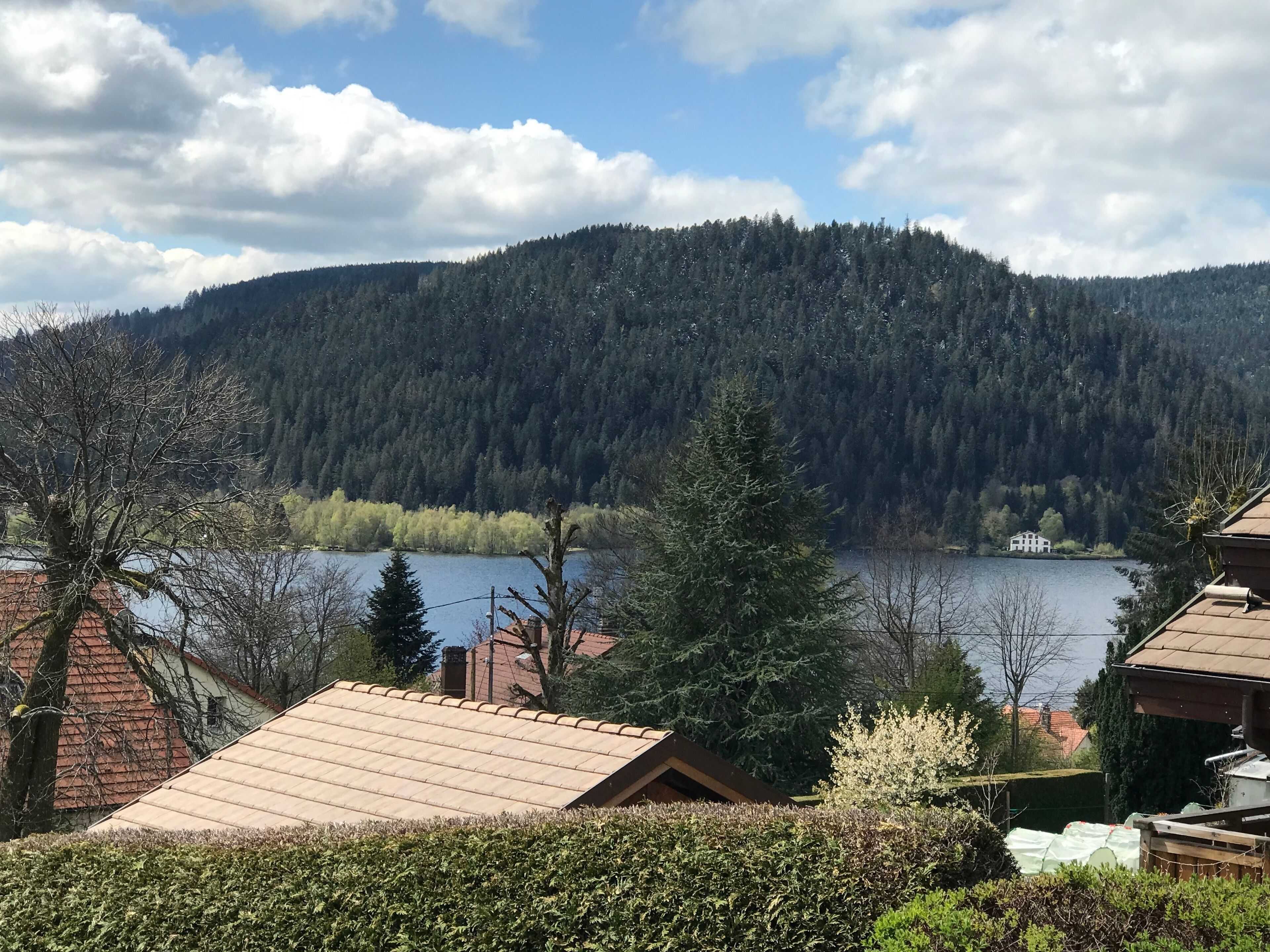 Vista para um lago, com uma montanha arborizada ao fundo, céu claro e edifícios residenciais com telhados vermelhos.