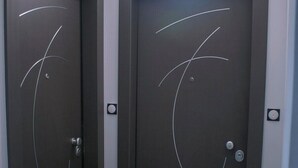 Two dark-colored doors with a simple design, a light switch above each door, and a light fixture on the ceiling.