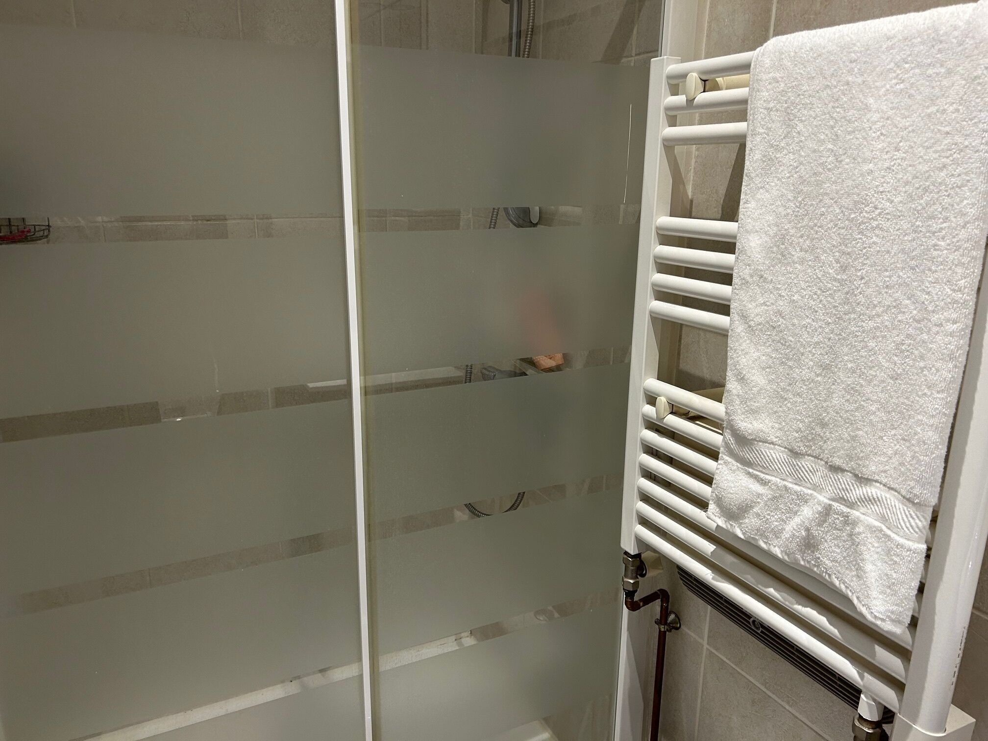 Un espace douche doté d’une porte en verre, une serviette blanche posée sur un porte-serviettes et un mur carrelé.