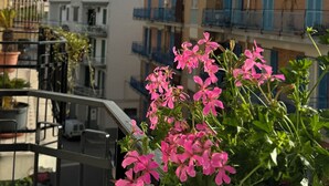 Un balcon orné de fleurs roses, une balustrade et une vue sur des immeubles dotés de balcons et d’antennes.