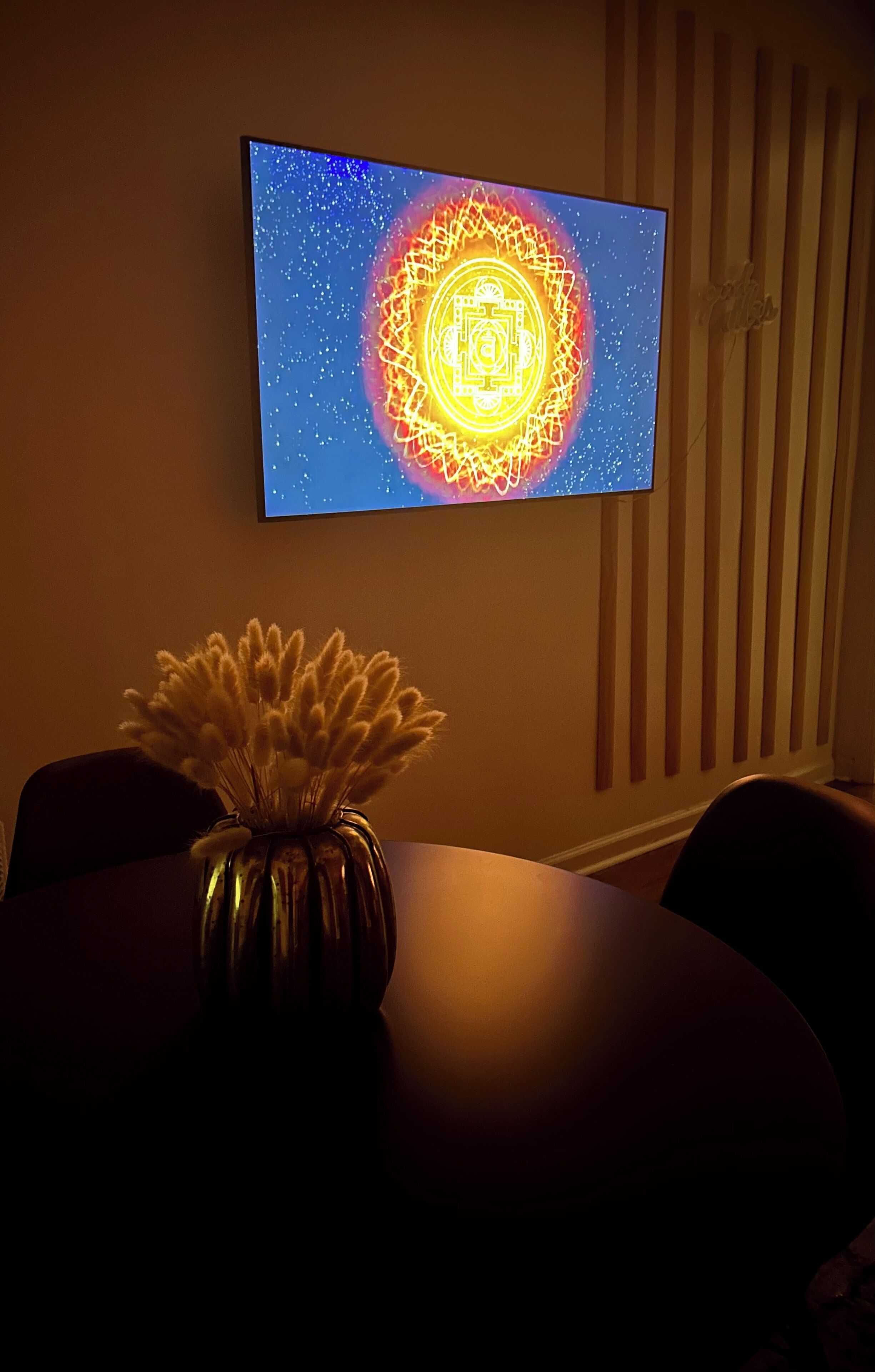 Une pièce avec un téléviseur fixé au mur qui affiche un motif géométrique coloré, un vase contenant des fleurs séchées sur une table et un radiateur.