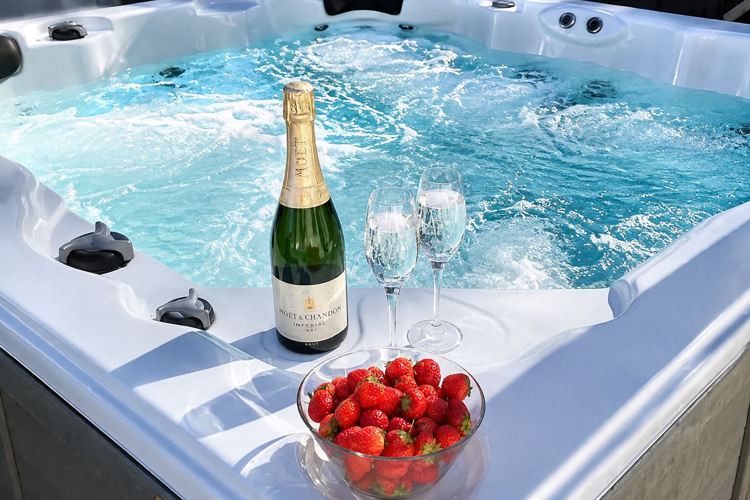 Een bubbelbad met een fles Moët & Chandon champagne, twee glazen en een schaal aardbeien.