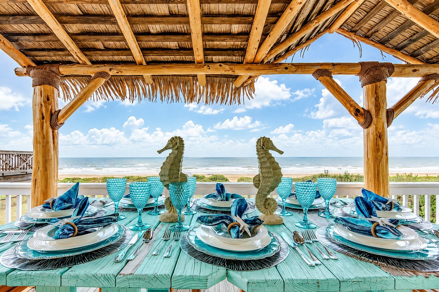 An outdoor dining area with a view of the beach, wooden pergola, and seahorse decorations.