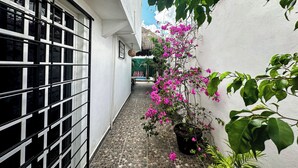 A narrow alleyway with a potted bougainvillea plant, a white building with black-framed windows, and a thatched roof structure in the background. - La Perle Noire (Cozumel)