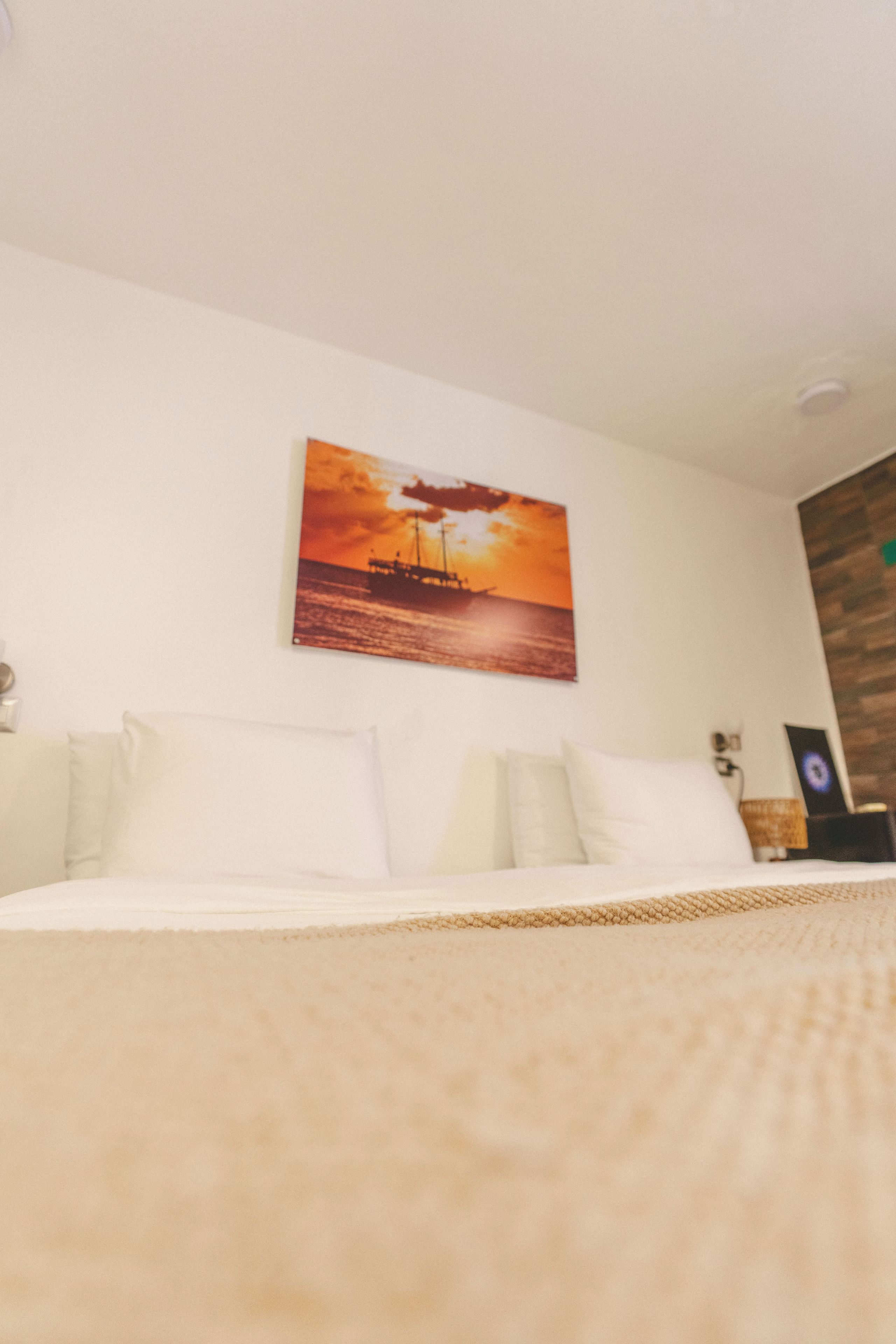A bedroom with a bed, pillows, a wall-mounted picture, and a wooden accent wall.