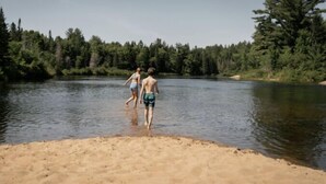 Una playa arenosa con un río tranquilo y un bosque denso al fondo.