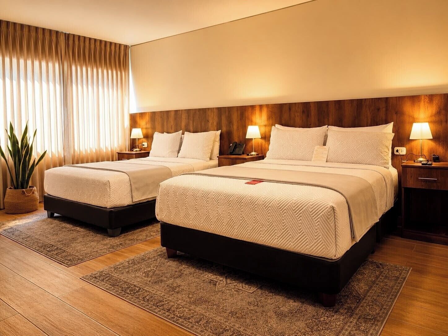 Habitación de hotel con dos camas, cabecero de madera, lámparas de noche, una planta en maceta y alfombra estampada.