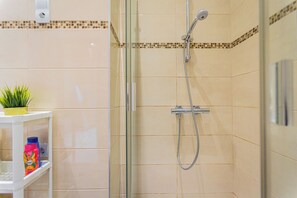 Shower, hair dryer, towels, soap