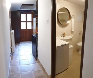 Hair dryer, bidet, towels, soap