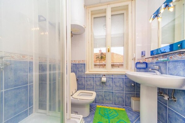 Baño con ducha, inodoro y lavamanos.