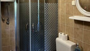 Une salle de bain avec une douche à parois de verre, des murs recouverts de carreaux à motifs, des toilettes avec deux rouleaux de papier toilette et un distributeur de savon.