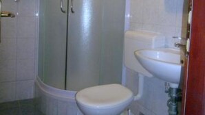 A bathroom with a toilet, a sink, and a shower.
