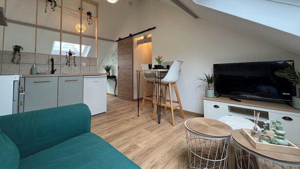 A modern kitchen with a dining area, a TV, and a sofa. - Studio Les Tulipes (Calais)