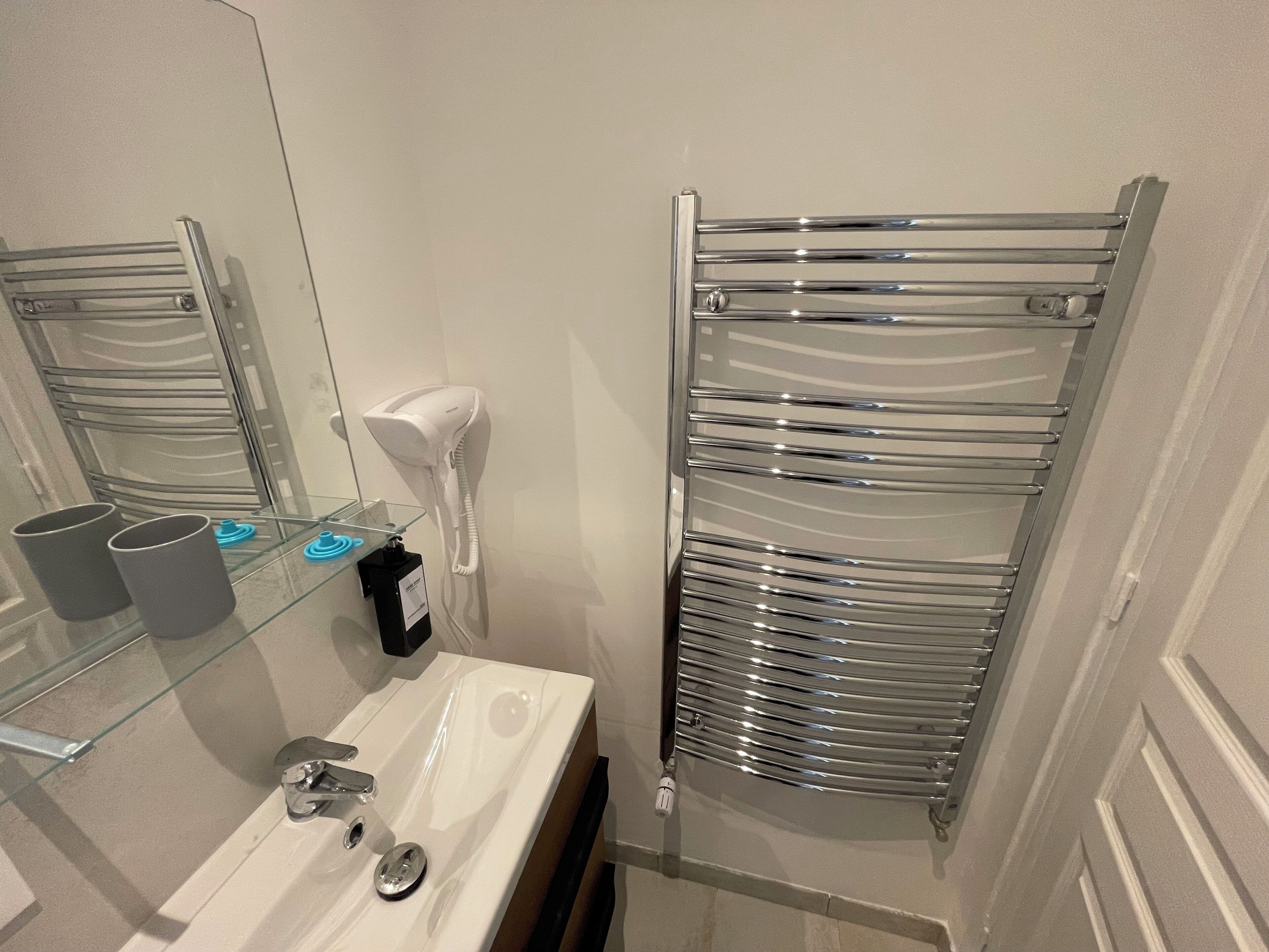 A bathroom with a white sink, a mirror, a towel rack, and a hairdryer.