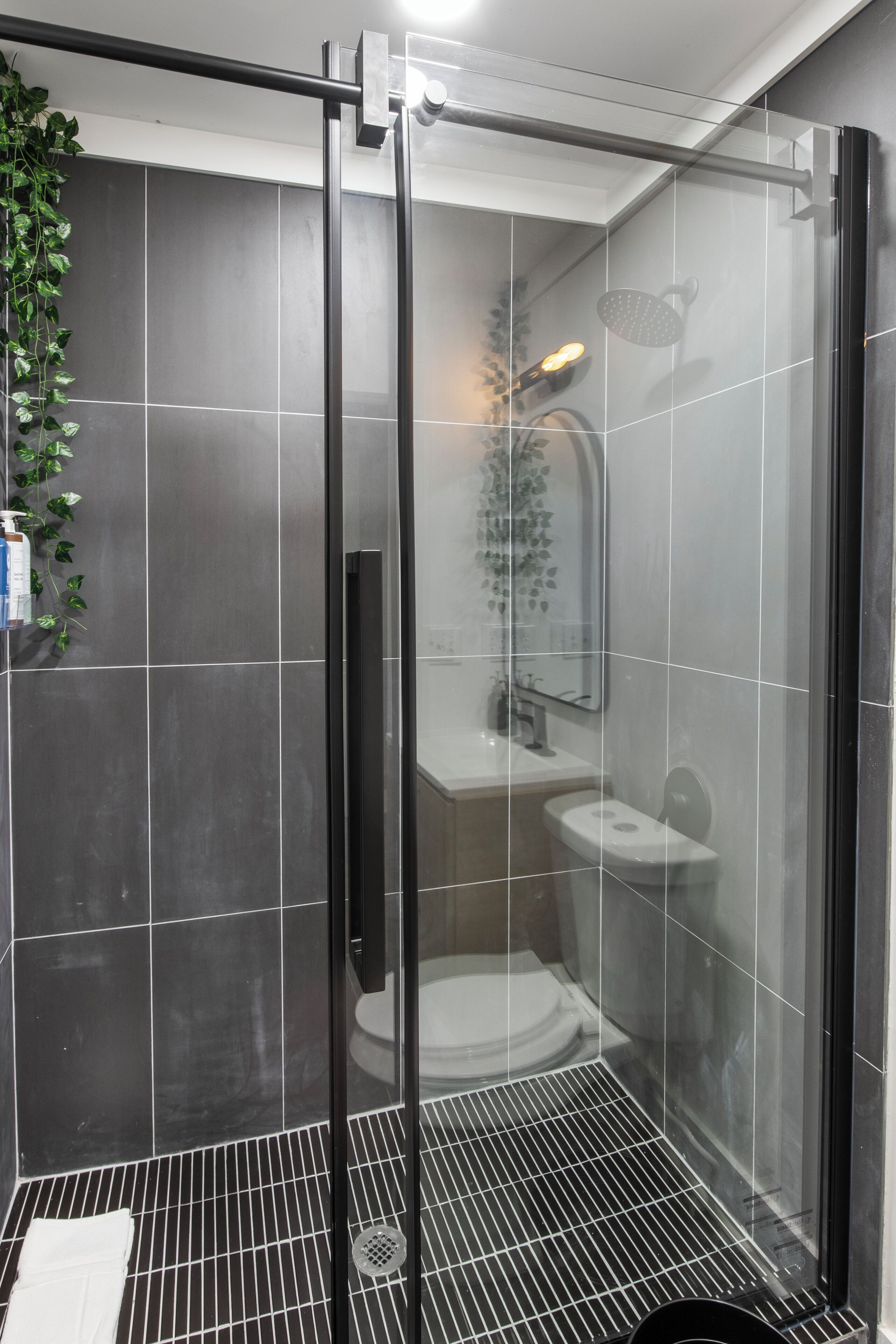 A modern bathroom with a glass-enclosed shower, a toilet, and a sink.