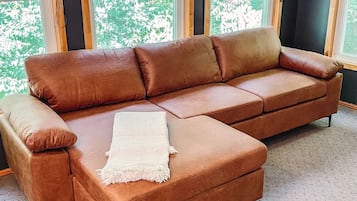 Smart TV, fireplace, video games, DVD player