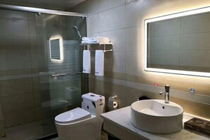 Bathroom features a glass-enclosed shower, toilet, sink, and mirror.