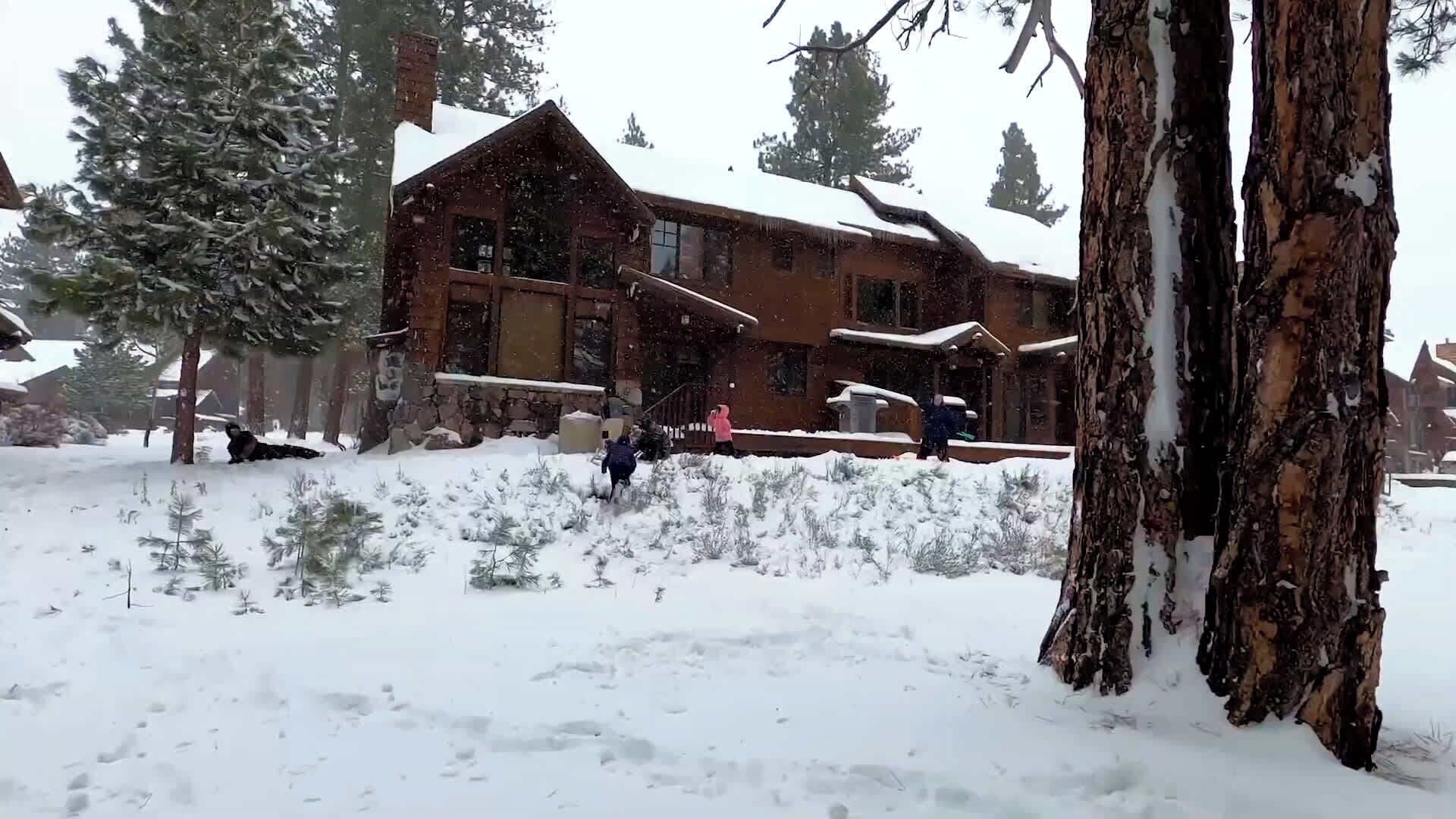 A large log cabin with a snow-covered roof, surrounded by snow-covered trees and a clear sky.
