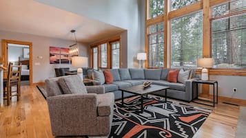 Televisión, chimenea, libros, estéreo