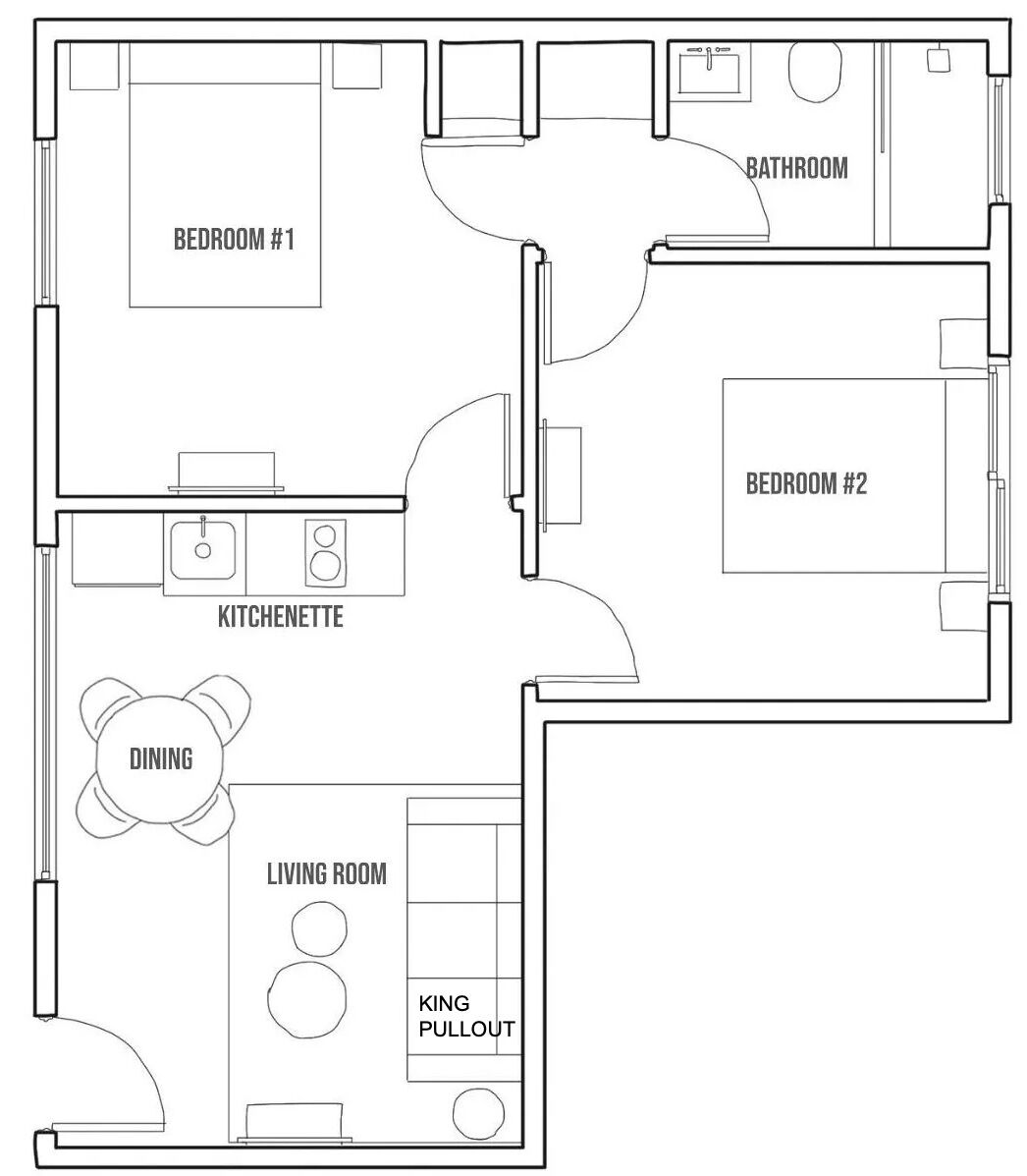 Grundriss mit zwei Schlafzimmern, einem Badezimmer, einer Küchenzeile, einem Essbereich, einem Wohnzimmer und einem Schlafsofa.