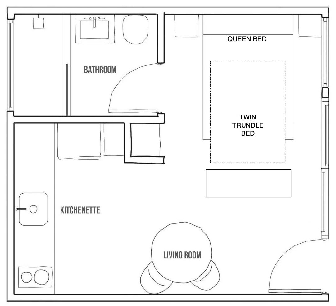 Un plan d’étage comprenant un coin cuisine, une salle de bain, un lit double, un lit d’appoint et un salon.