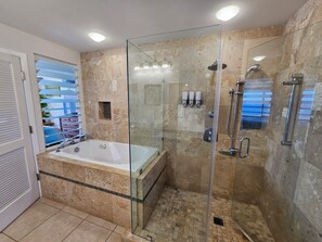 Shower, jetted tub, hair dryer, towels