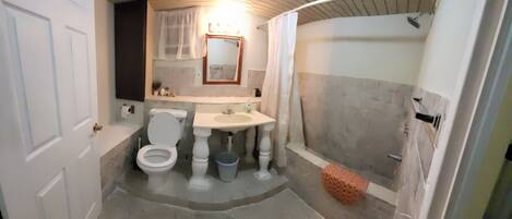 Ducha, secador de pelo, toallas, jabón