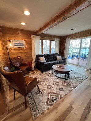 Smart TV, fireplace, books