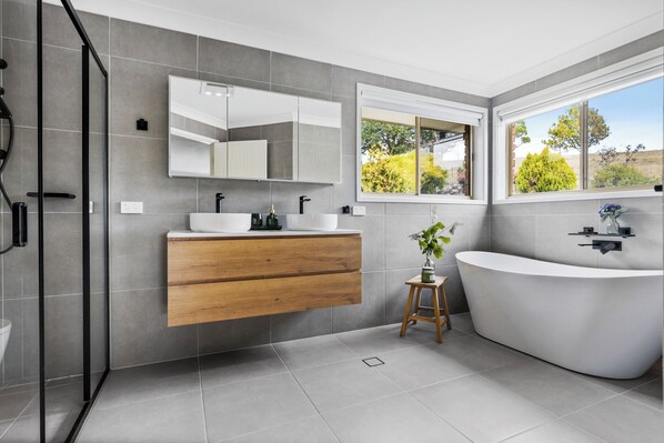 Hair dryer, bidet, towels, soap