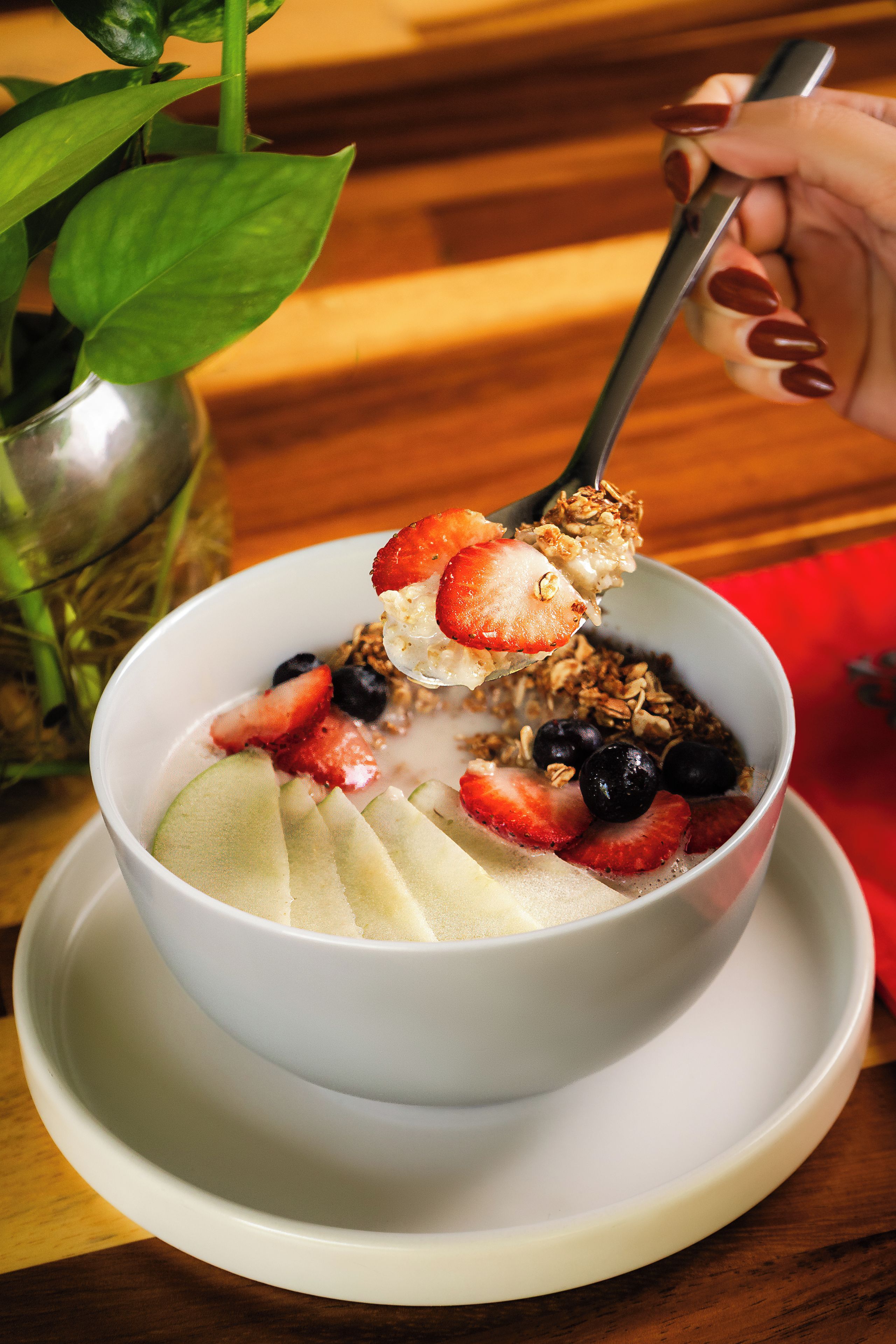 A bowl of yogurt with fruits and granola on a white plate.
