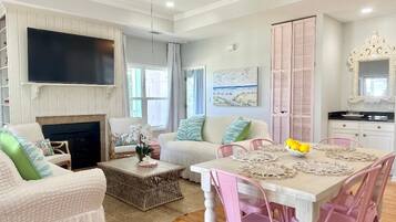 Smart TV, fireplace, table tennis, books