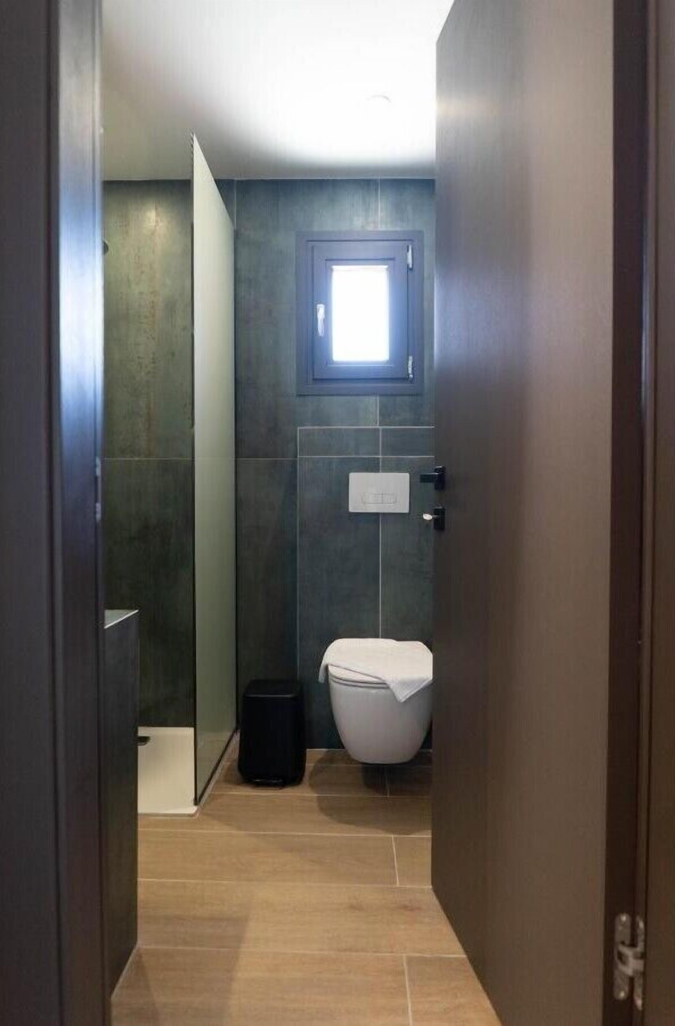 Een badkamer met toilet, prullenbak en douche.